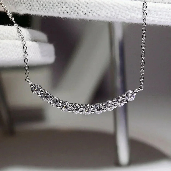 NEW 925 Sterling Silver Diamond Curve Bar Necklace - Picture 4 of 5
